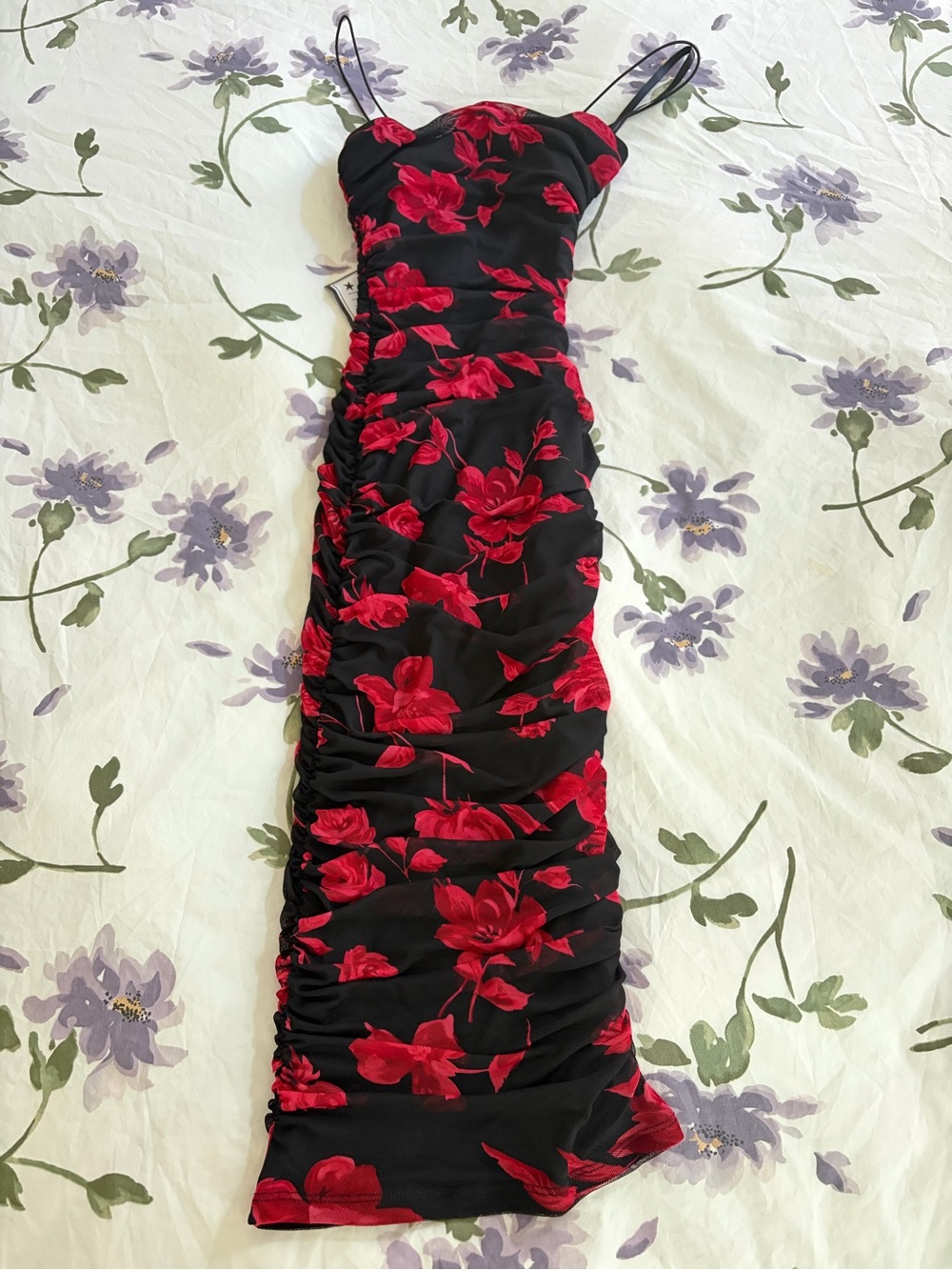 Macy's Black Midi Dress with Red Floral Print